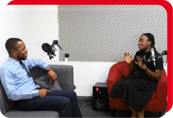 A woman and a man having a podcast